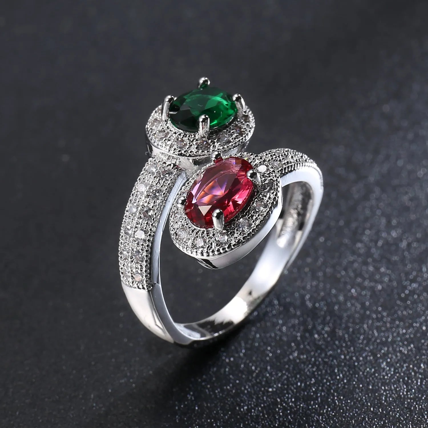Copper electroplated zircon ring for women in Rose Emerald colour on plain background