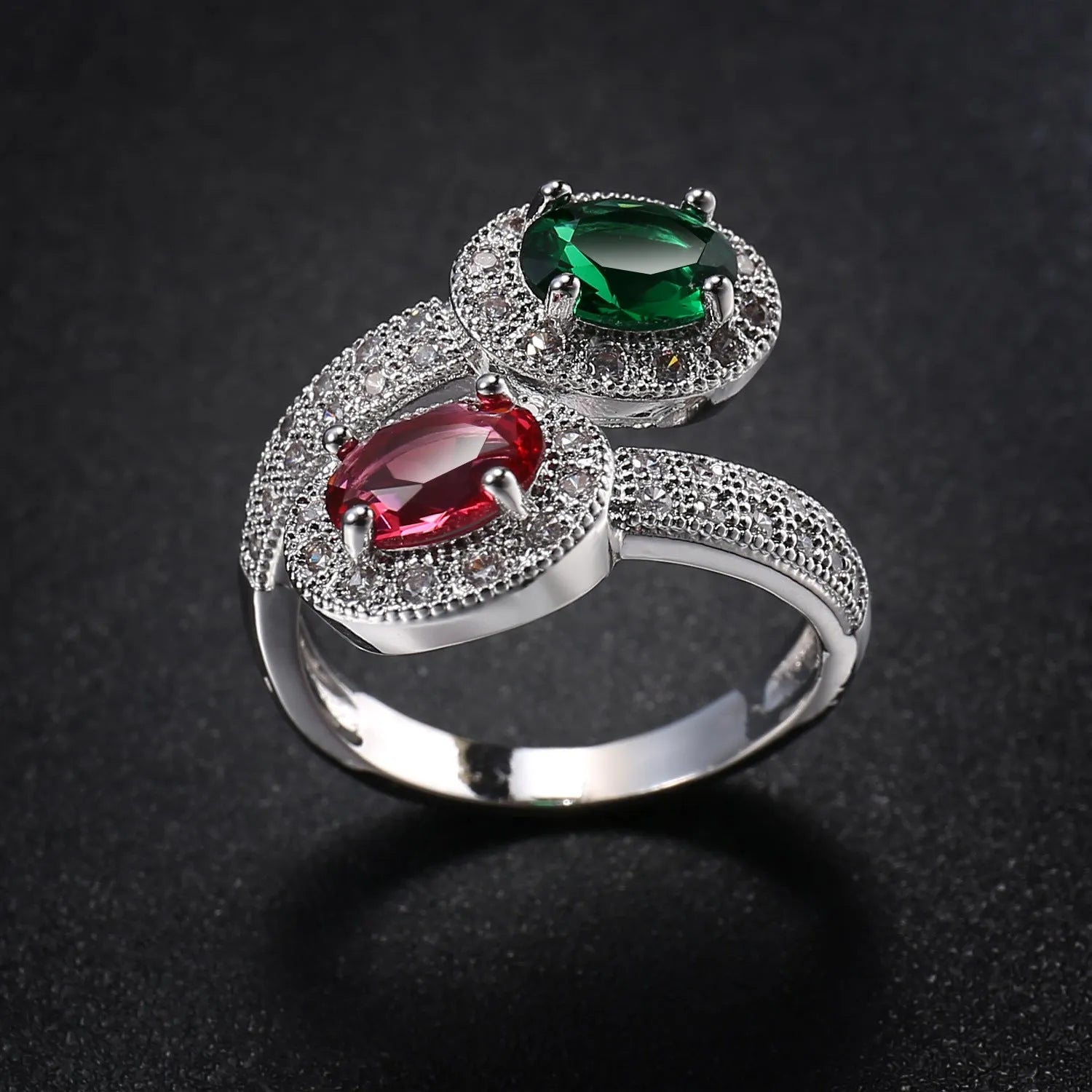 Copper electroplated zircon ring for women in Rose Emerald colour on plain background