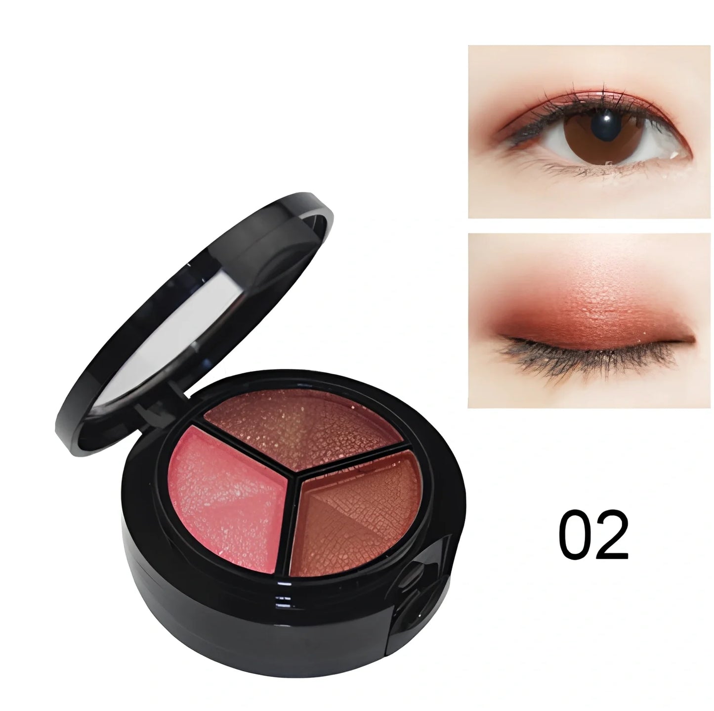 Three-colour eyeshadow palette 5cm diameter with mirror and brush, 0.022kg weight in OPP bag