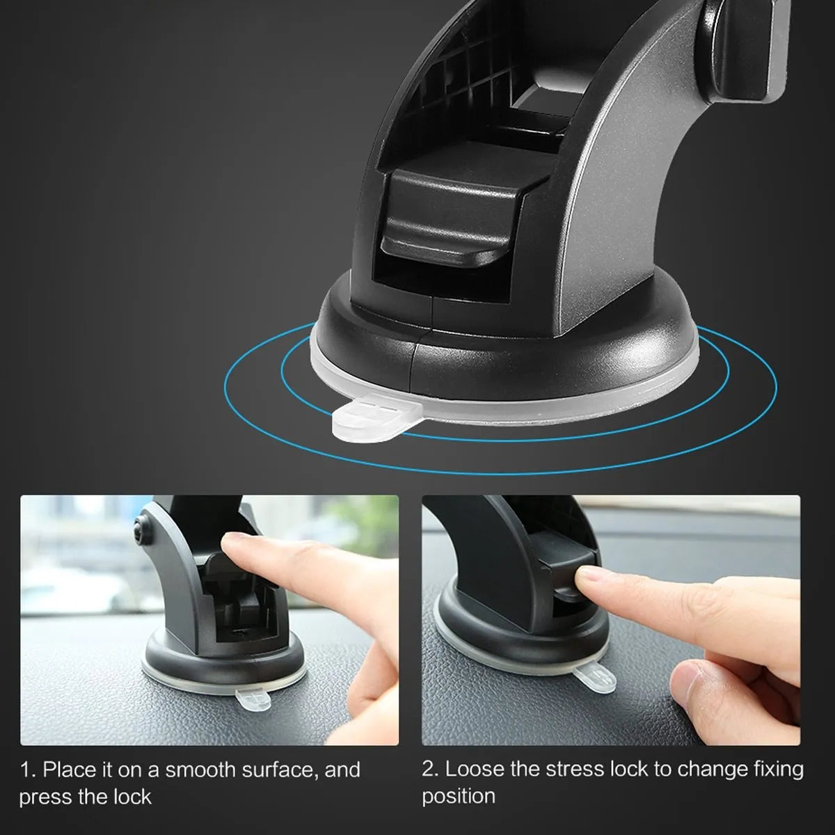 Black telescopic car dashboard phone holder with suction cup extended, showing 360-degree rotation.
