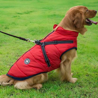 Red cotton chest back integrated vest on dog, sizes S-2XL, waterproof washable pet winter clothing