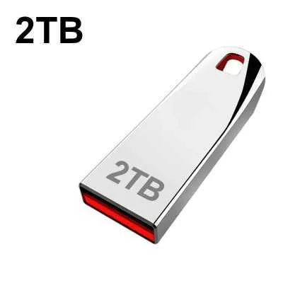 Silver metal USB flash drive with a USB 2.0 connector showing large capacity up to 2TB.