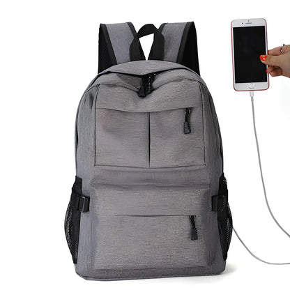 Grey canvas computer shoulder bag with USB port, 45x30x15cm, waterproof for laptops and travel