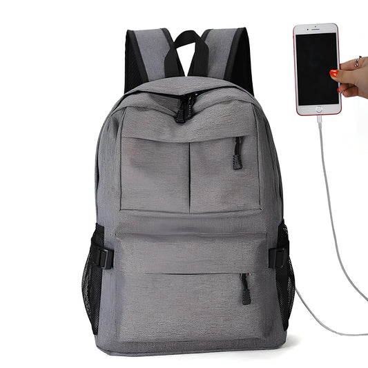 Grey canvas computer shoulder bag with USB port, 45x30x15cm, waterproof for laptops and travel
