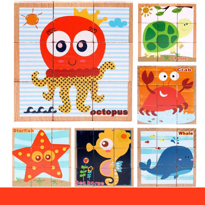Six-face wooden jigsaw puzzle for children with six unique educational patterns