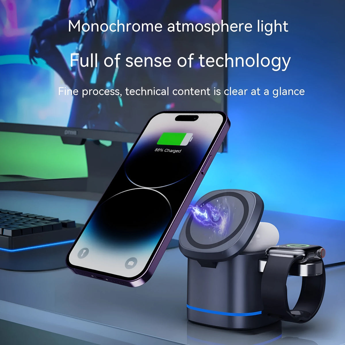 Three-in-one folding magnetic wireless fast charger for mobile earphone watch in Iron Grey