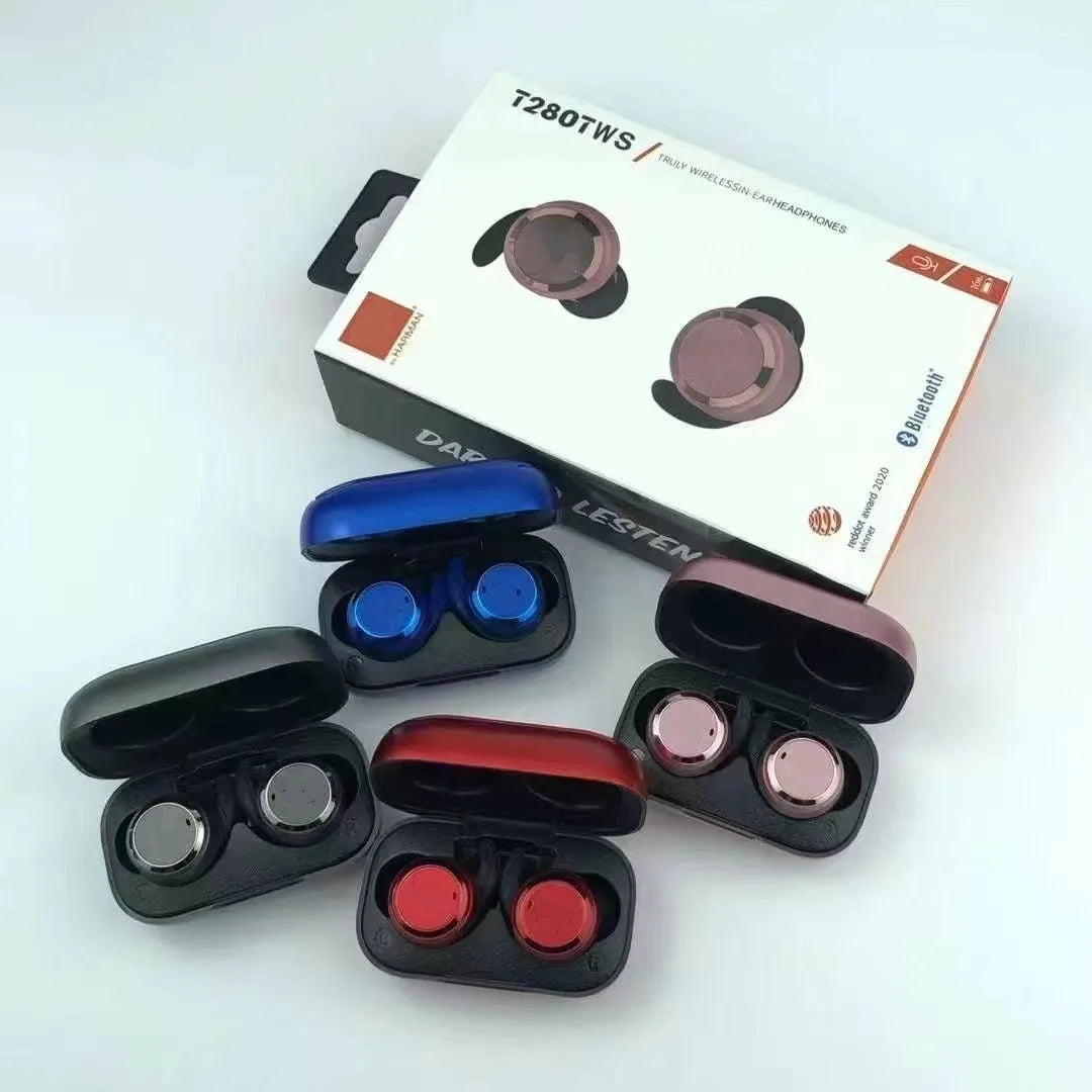 T280 TWS binaural Bluetooth headset in mini e-sports style, available in black, red, blue, pink colours