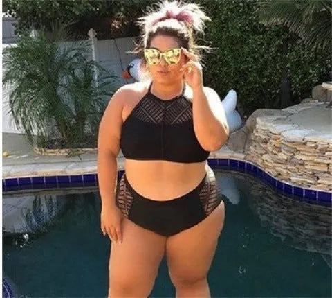 Large split bikini polyester fibre black plus size women swimsuit S to 7XL