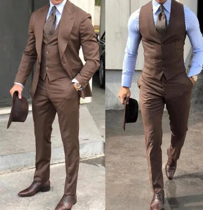 Men's cotton three-piece suit in light business style available in multiple colours including yellow and wine red