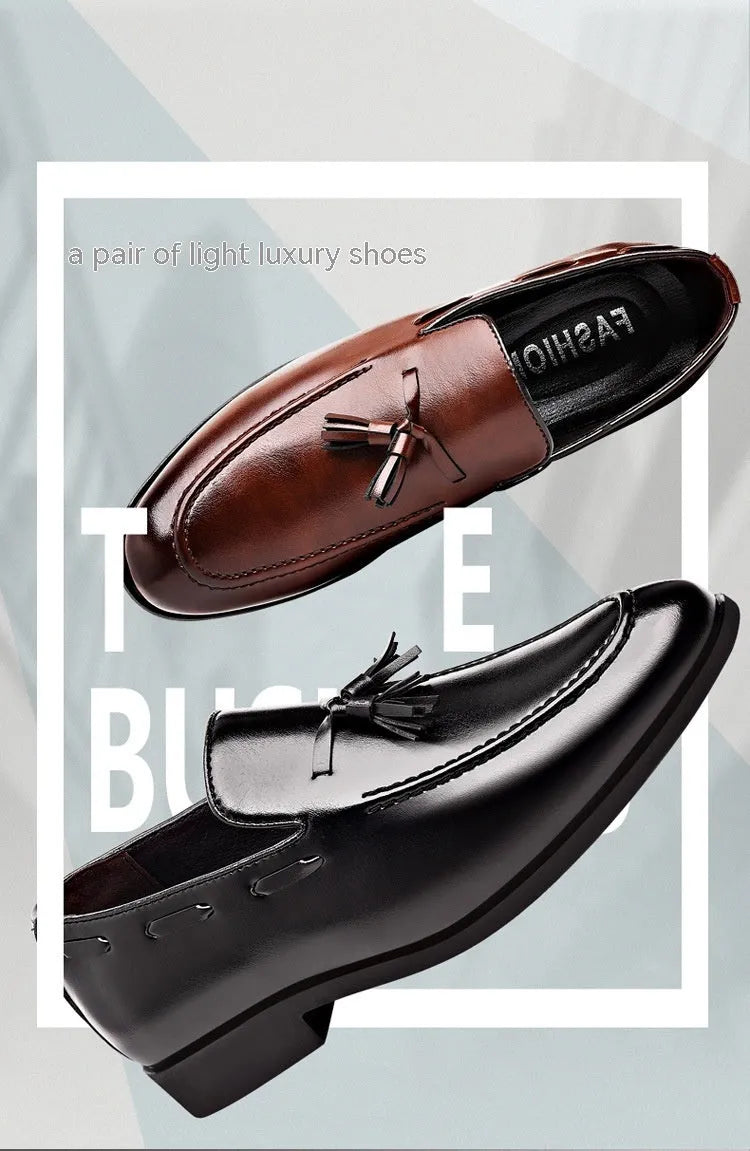 Men's patent leather low heel business shoes in black with pointed toe and slanted heel, size 38-48