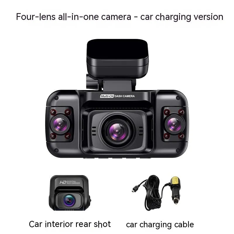 Plastic car dash cam with four lenses and a 2-inch screen for parking surveillance.