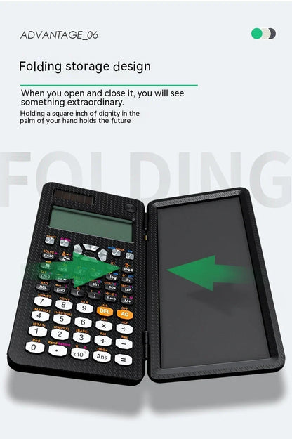 Foldable scientific calculator with integrated digital notepad for versatile productivity