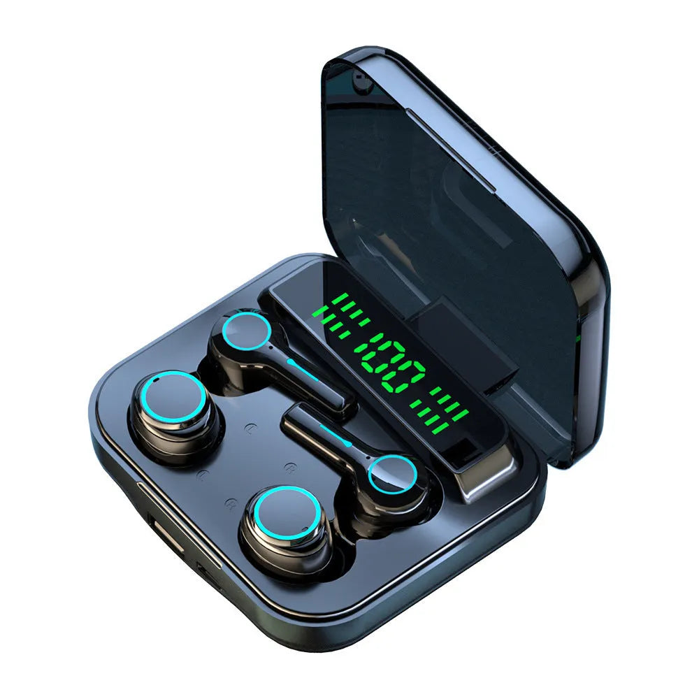 M56 Bluetooth headset in black with digital display and charging cable