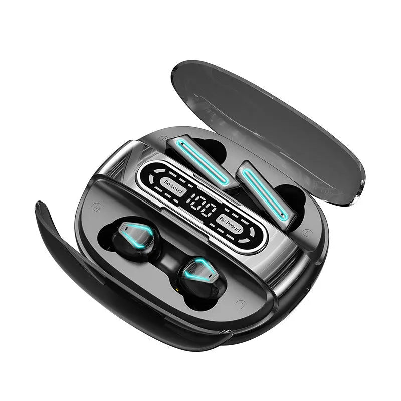 M56 Bluetooth headset in black with digital display and charging cable