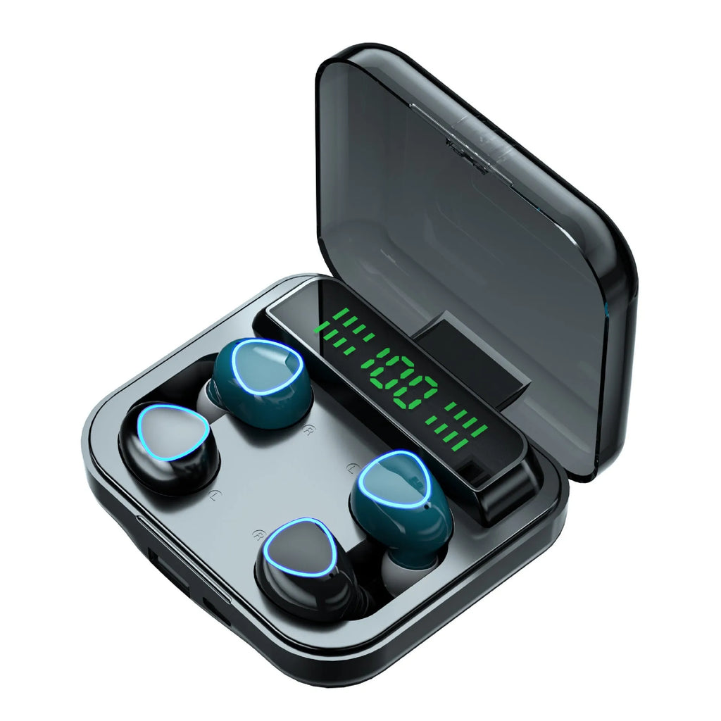 M56 Bluetooth headset in black with digital display and charging cable