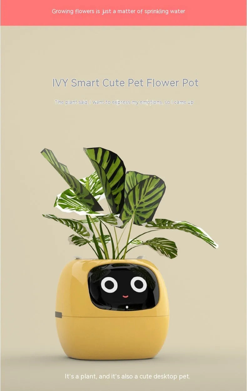 Smart planter in green with 7 sensors and AI chips showing water level on screen, compact 114x100x96mm size