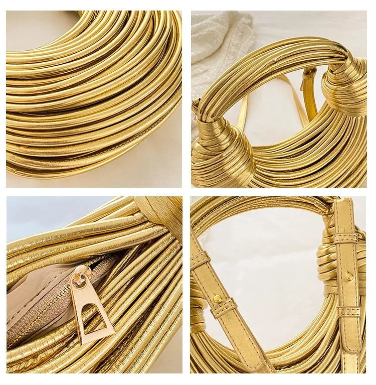 Instafamous Metal Noodles Underarm Bag with shiny metallic surface, chain detail, in gold colour
