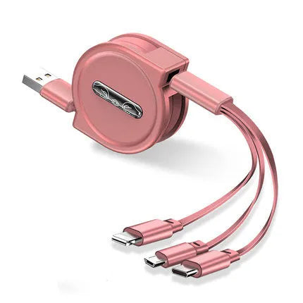 Black telescopic charging cable extended to full length showing three different connector types