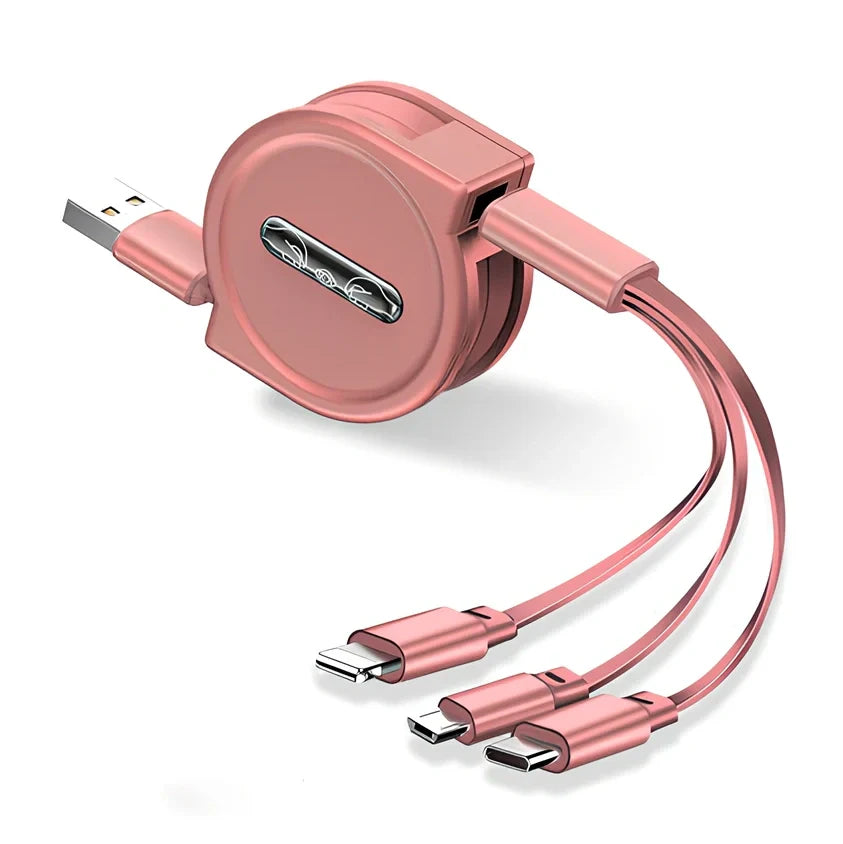 Black 3-in-1 telescopic charging cable extended to 120cm with three titanium alloy connectors for multi-device use