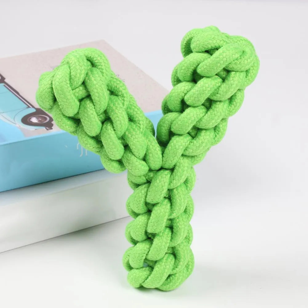 Blue Y-shaped cotton rope dog chew toy for large breeds on a white background.