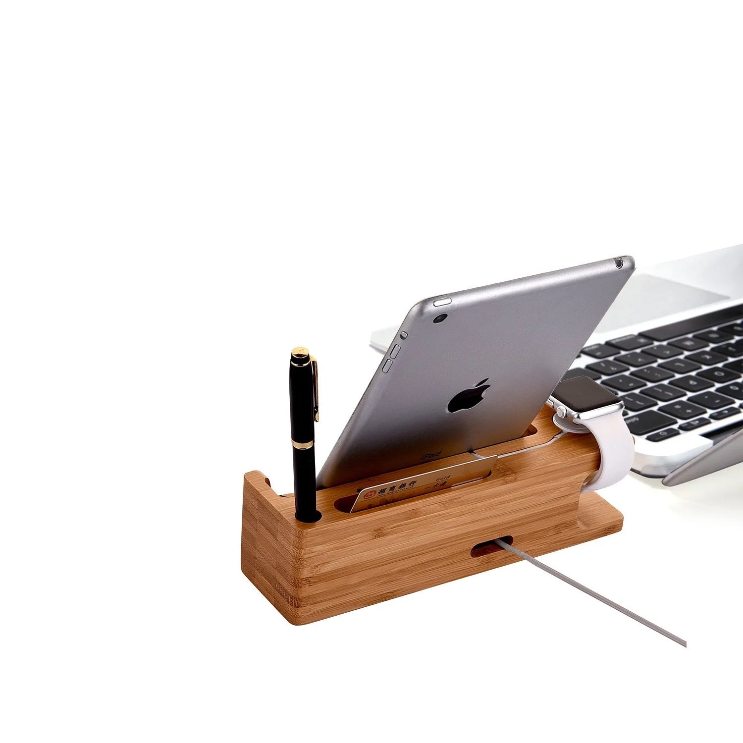 Carbonized bamboo dual phone and watch holder on a desk