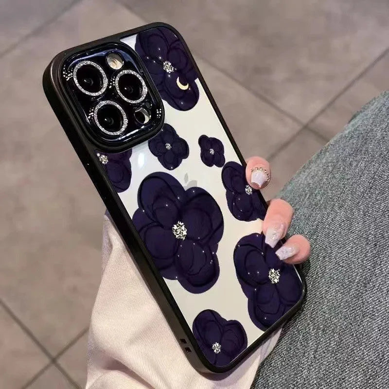 Dark purple camellia flower design shockproof phone case for Apple iPhone with rhinestone lens protector