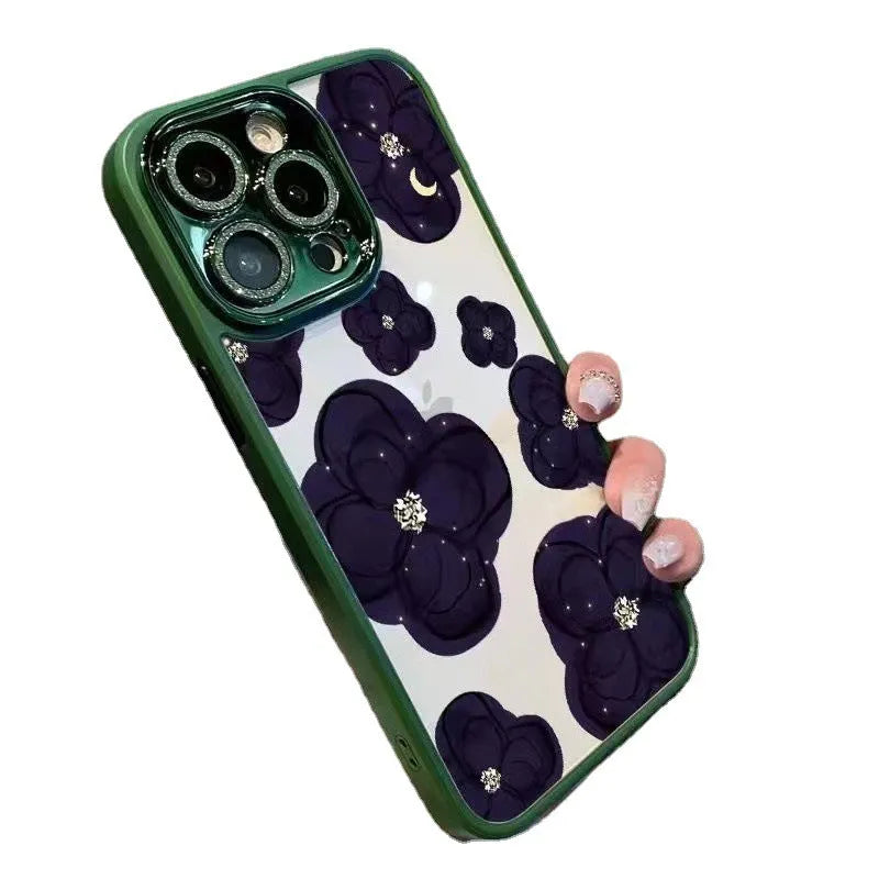 Dark purple camellia flower design shockproof phone case for Apple iPhone with rhinestone lens protector