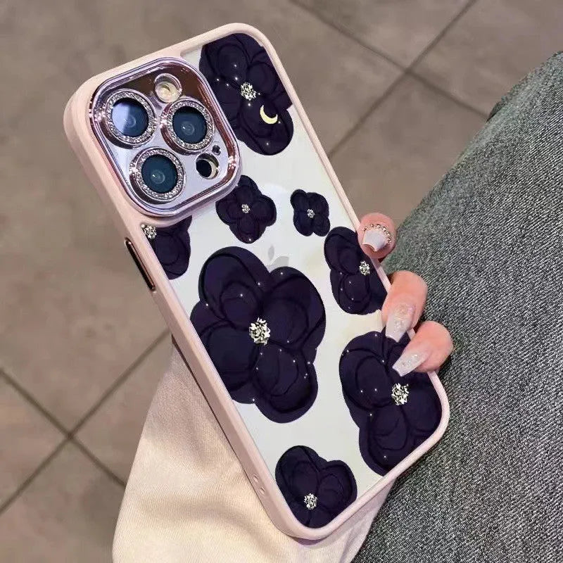 Dark purple camellia flower design shockproof phone case for Apple iPhone with rhinestone lens protector
