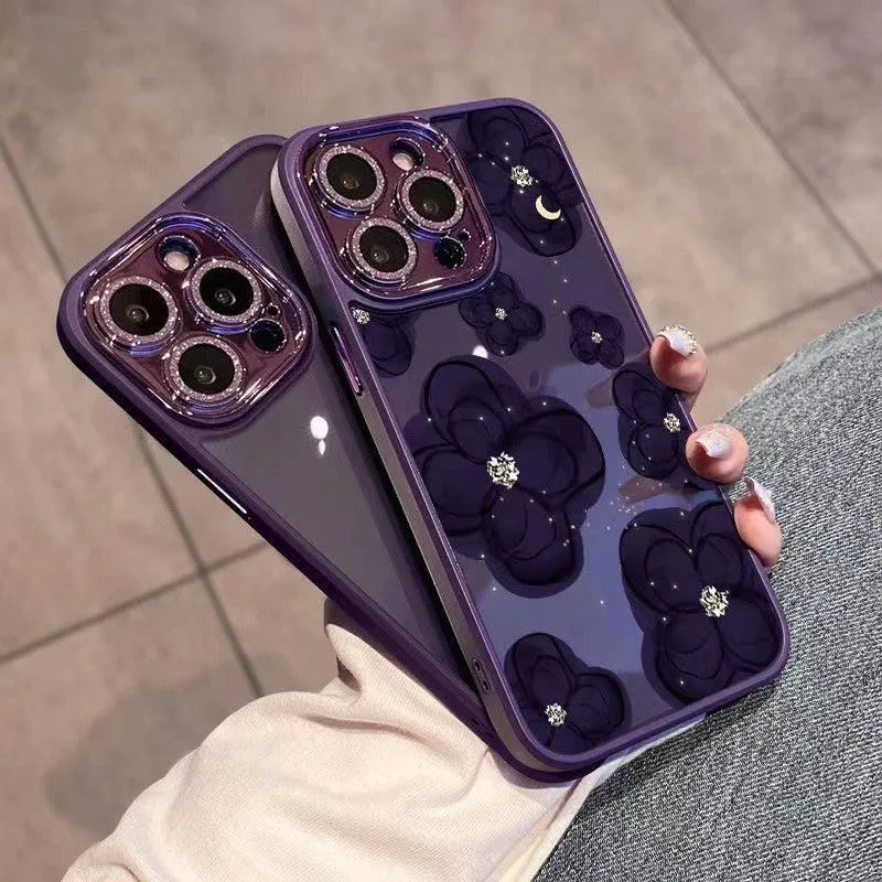 Dark purple camellia flower design shockproof phone case for Apple iPhone with rhinestone lens protector