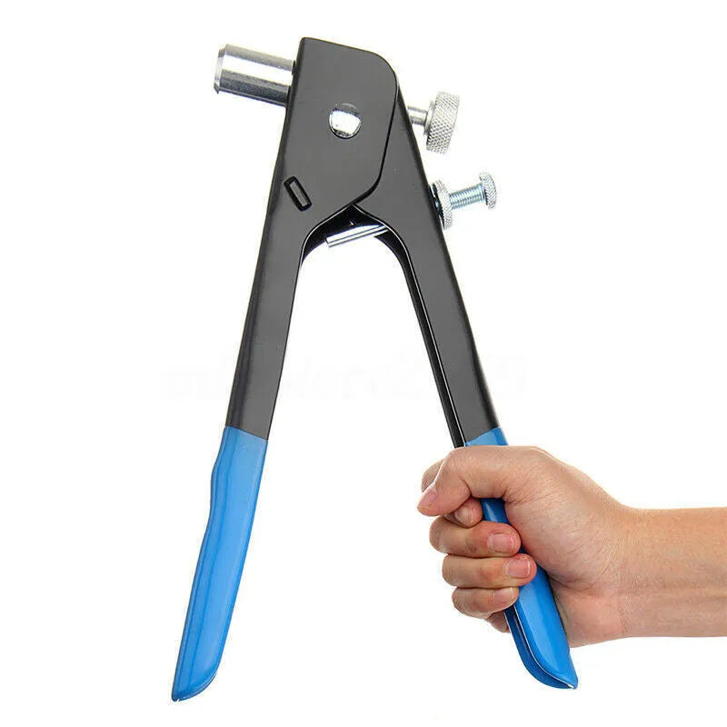 Alloy steel manual riveter gun with a case of rivet nuts from an 86-piece or 106-piece kit.