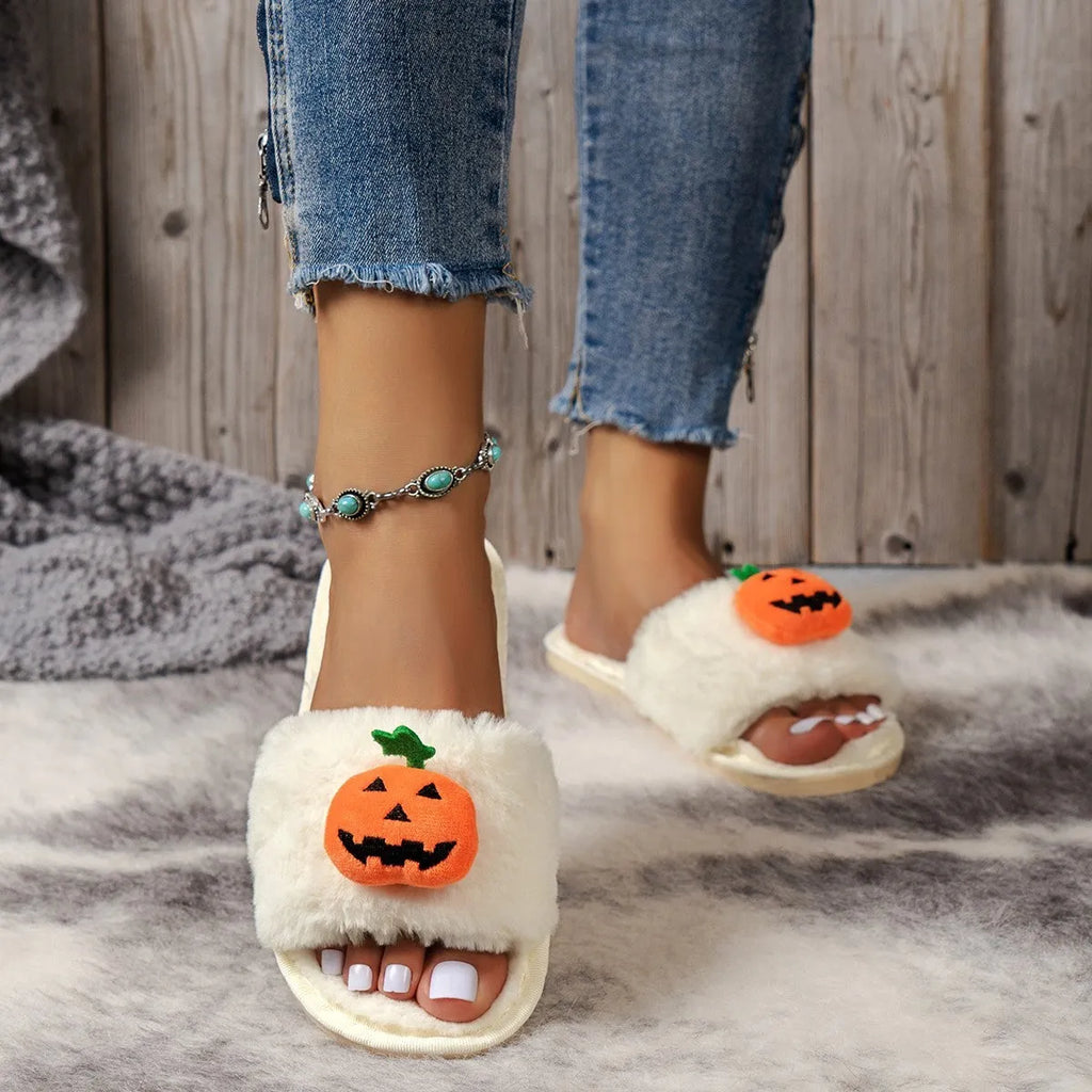 Halloween pumpkin cartoon plush slippers with synthetic fur upper and PVC sole in white or yellow
