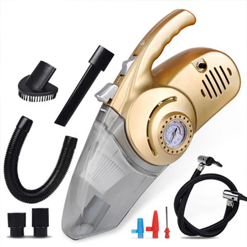 12V wet and dry four-in-one car cleaner with gold ABS body, 35cm length, handheld design