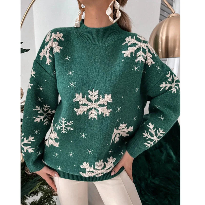Women's Christmas snowflake print knitted sweater in red, green, and grey