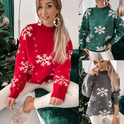Women's Christmas snowflake print knitted sweater in red, green, and grey