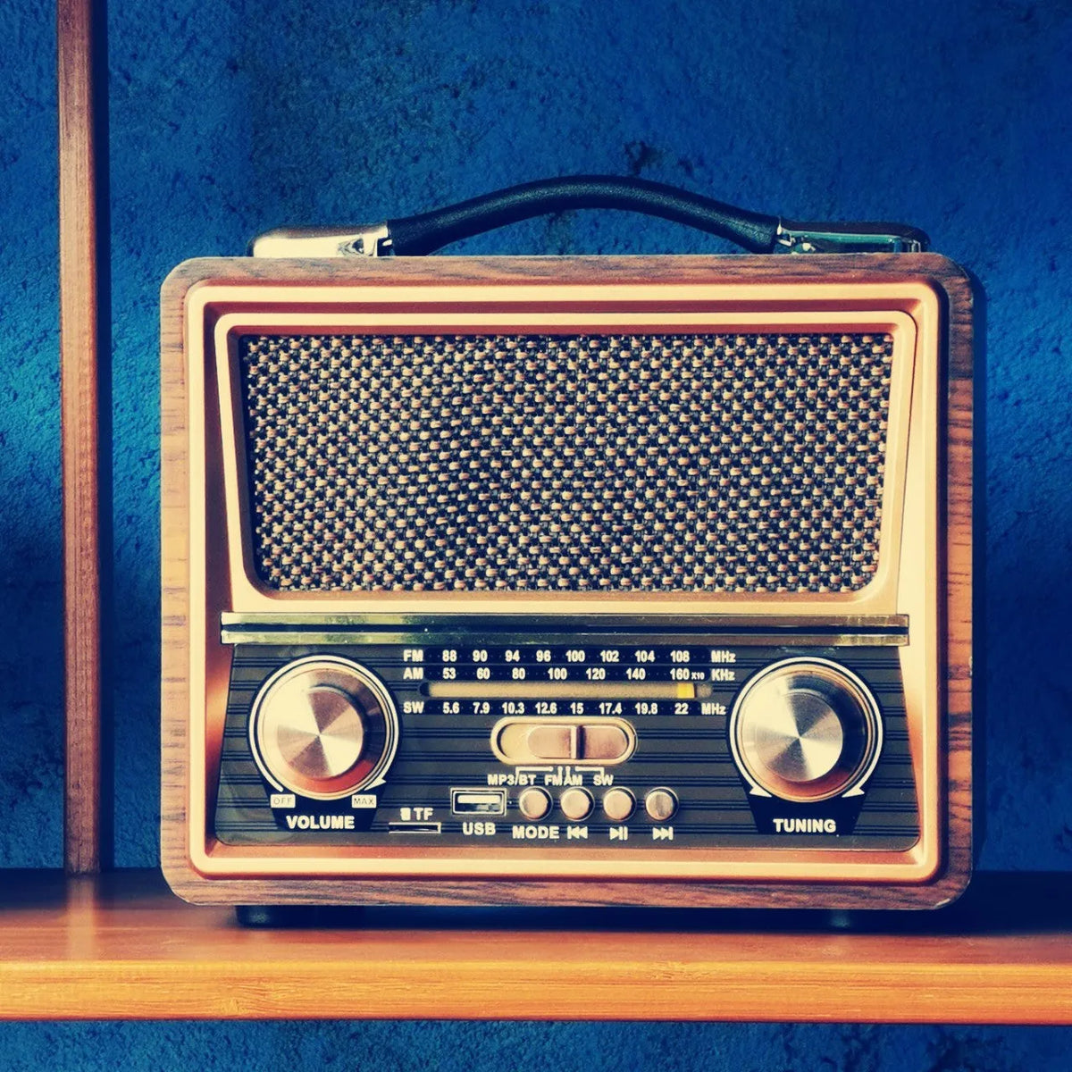 Radio Bluetooth speaker with pure wooden case, FM AM SW3 bands, USB TF slot, solar charging jack, mixed colour