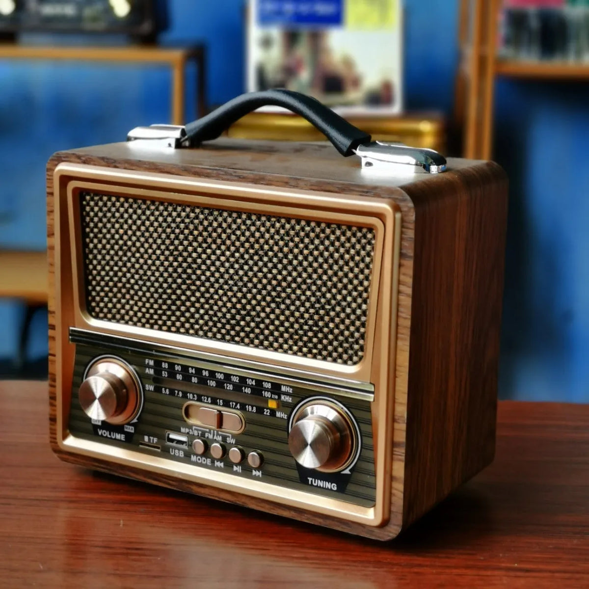 Radio Bluetooth speaker with pure wooden case, FM AM SW3 bands, USB TF slot, solar charging jack, mixed colour