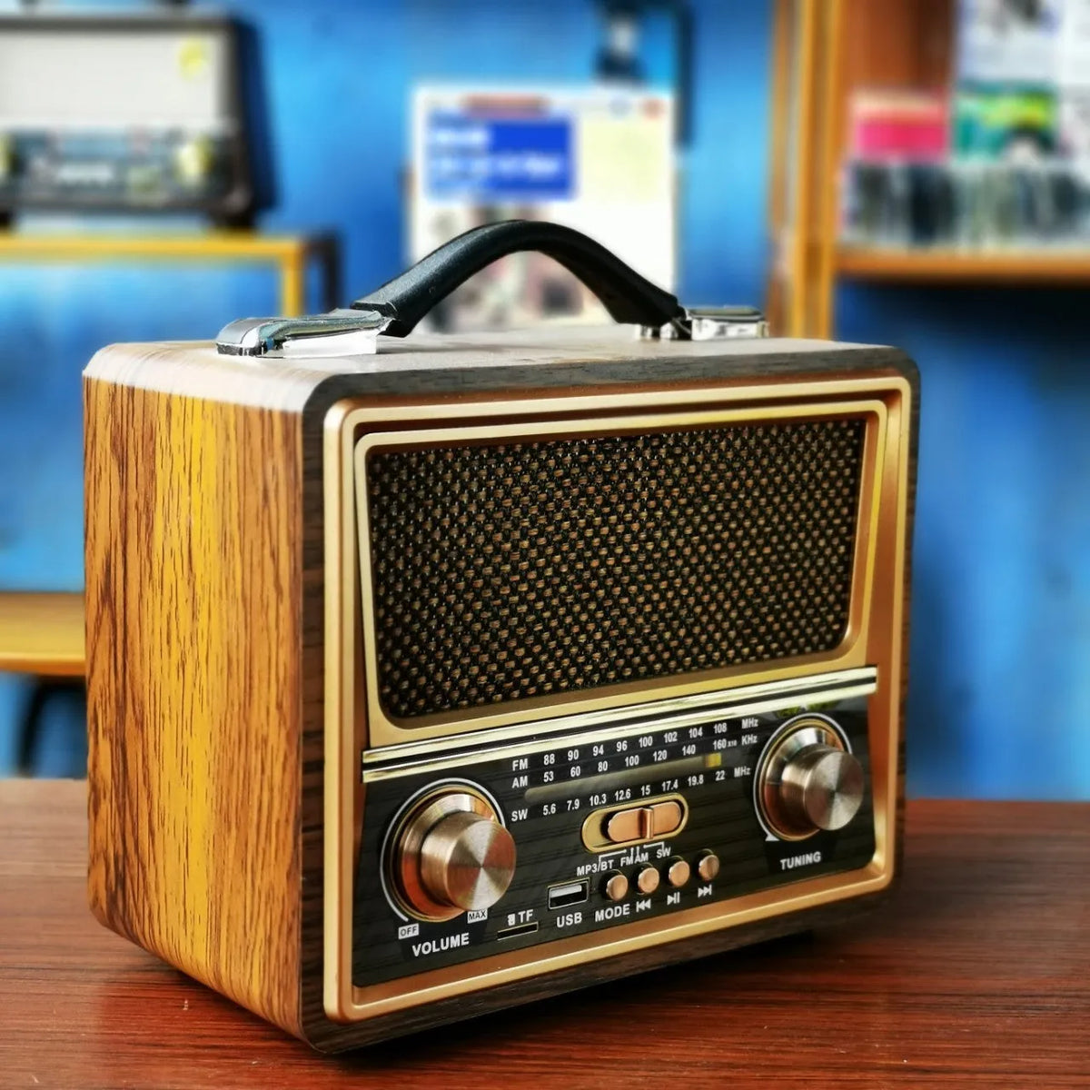 Radio Bluetooth speaker with pure wooden case, FM AM SW3 bands, USB TF slot, solar charging jack, mixed colour