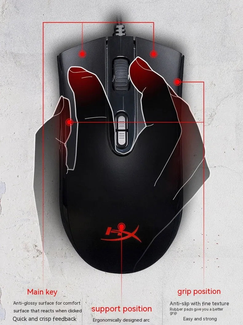 HyperX Pulsefire Core wired RGB gaming mouse in black and pink colour options on a desk.