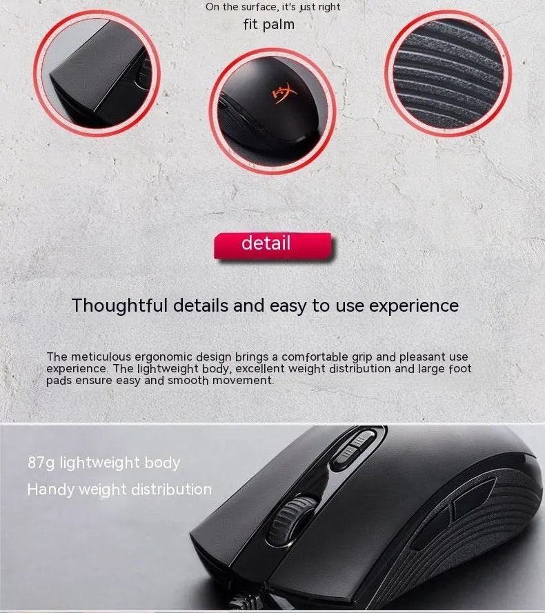HyperX Pulsefire Core wired RGB gaming mouse in black and pink colour options on a desk.