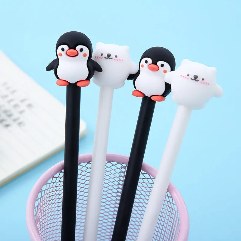 Korean cartoon penguin silicone gel pen with 0.5mm black refill in peacock blue and black colours