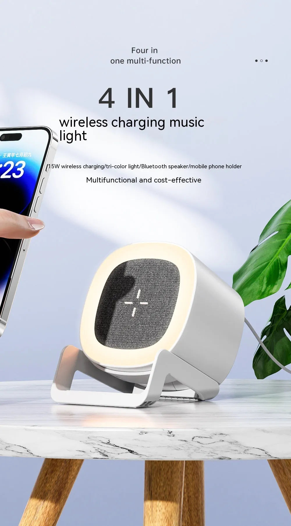 Four-in-one mobile phone holder wireless charger Bluetooth speaker in ABS fabric, L28 Black colour, compact desktop design with phone on holder