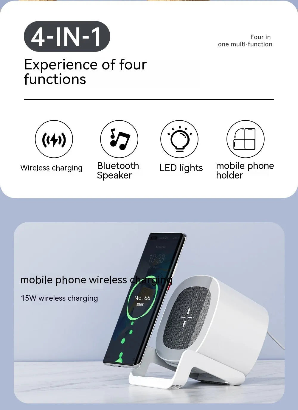 Four-in-one mobile phone holder wireless charger Bluetooth speaker in ABS fabric, L28 Black colour, compact desktop design with phone on holder