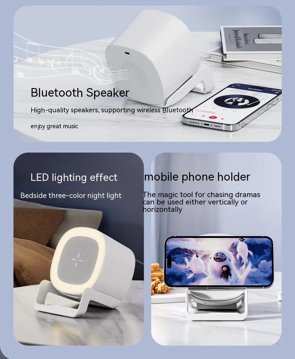 Four-in-one mobile phone holder wireless charger Bluetooth speaker in ABS fabric, L28 Black colour, compact desktop design with phone on holder
