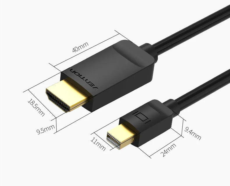 Mini DP to HDMI cable adapter with gold-plated connectors for TV and projector connection