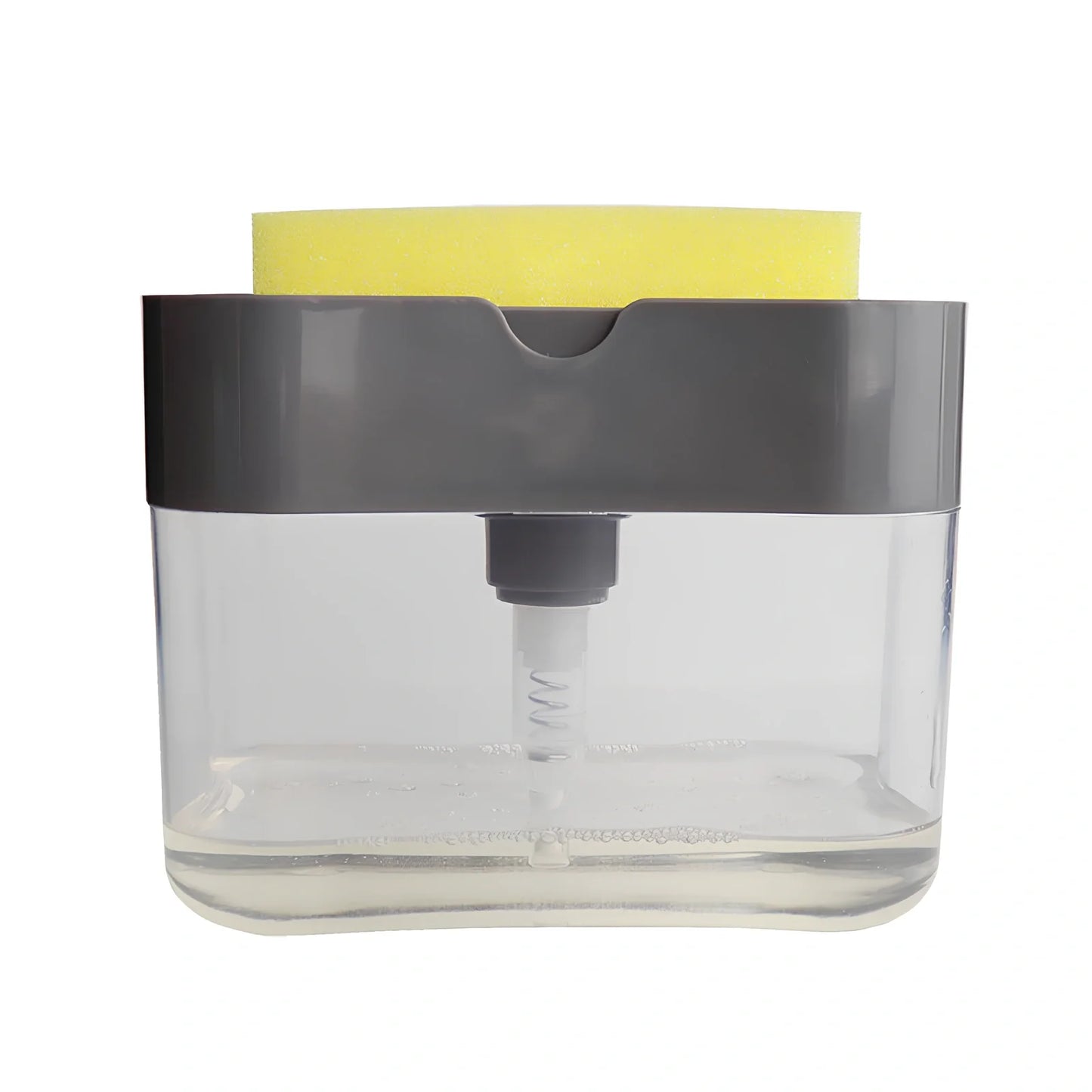 Dark blue 2-in-1 soap dispenser and sponge caddy unit on kitchen counter with measuring tape showing 13.5cm diameter