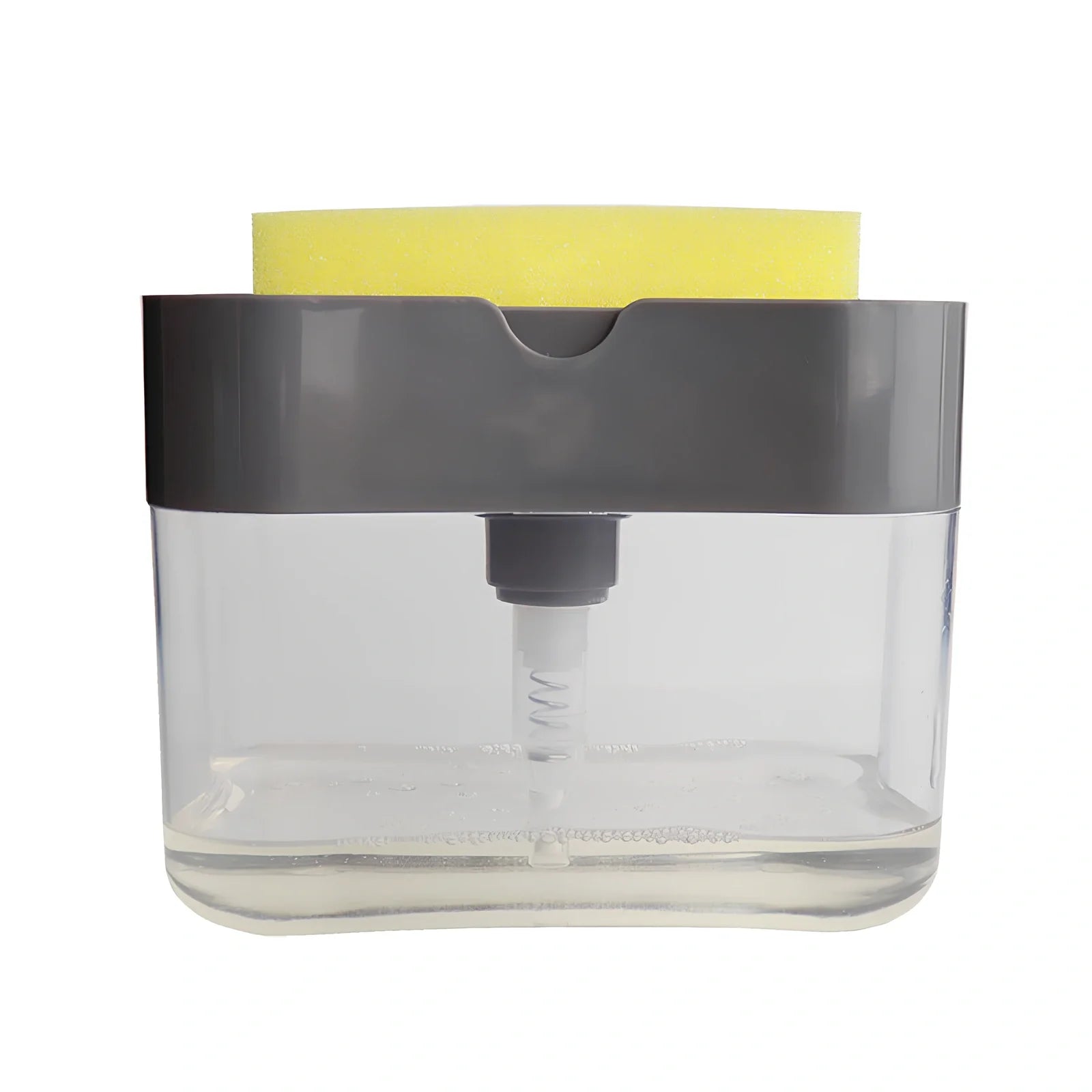 Dark blue 2-in-1 soap dispenser and sponge caddy unit on kitchen counter with measuring tape showing 13.5cm diameter