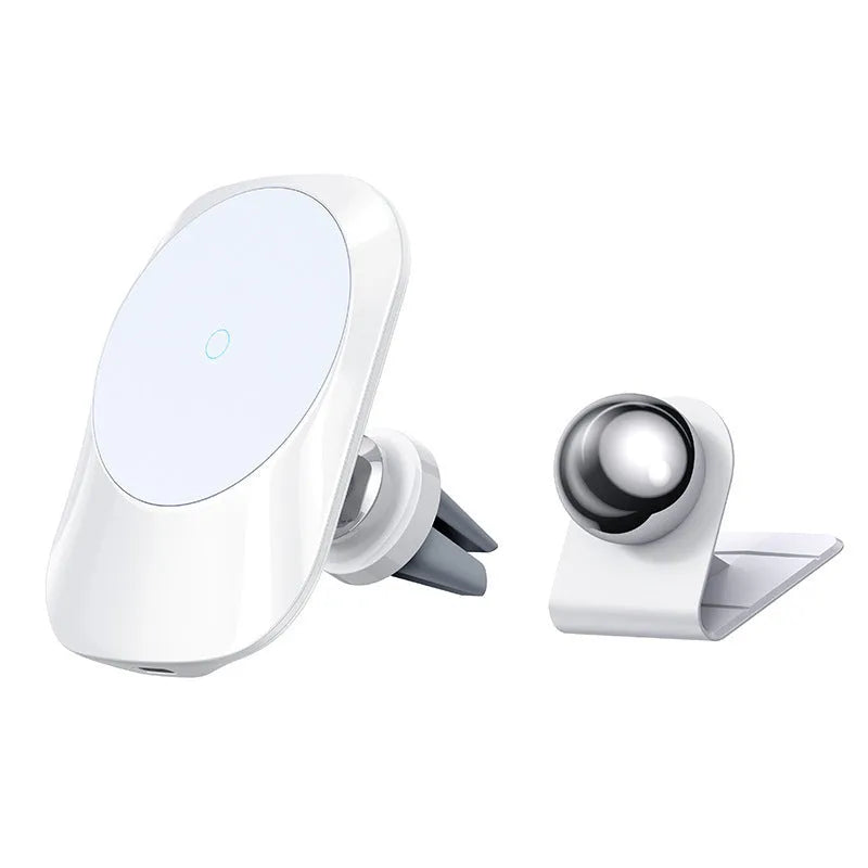 Black magnetic car wireless charger mounted on air vent with phone attached