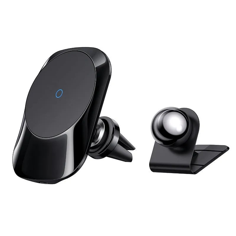 Black magnetic car wireless charger mounted on air vent with phone attached
