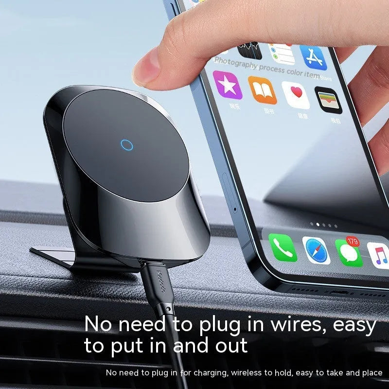 Black magnetic car wireless charger mounted on air vent with phone attached