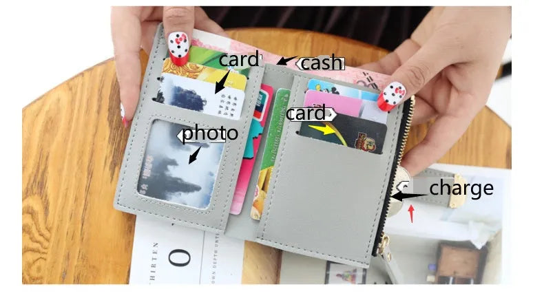 Women's PU leather buckle ring wallet in compact 12x9cm size with card slots and coin section.